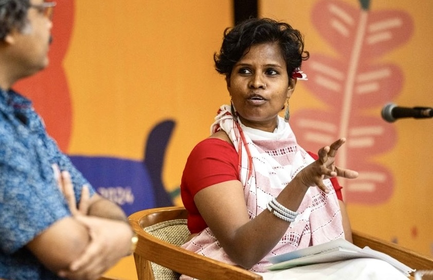 Indian poet Jacinta Kerketta speaks during an event in New Delhi in July 2024. (Jacinta Kerketta/Twitter)