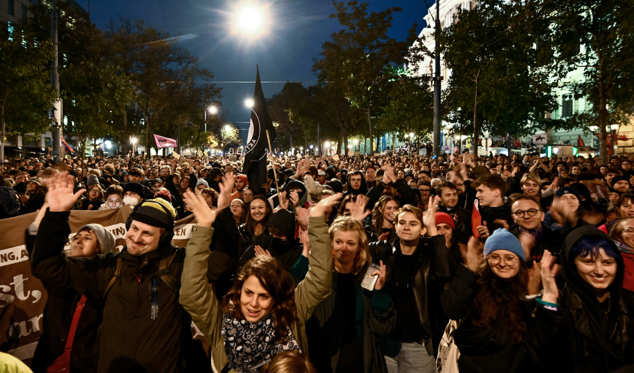 Demonstrators take part in a protest against the extreme right after their victory in the legislative elections, in front of the University of Vienna, Austria on October 3, 2024. (AFP)