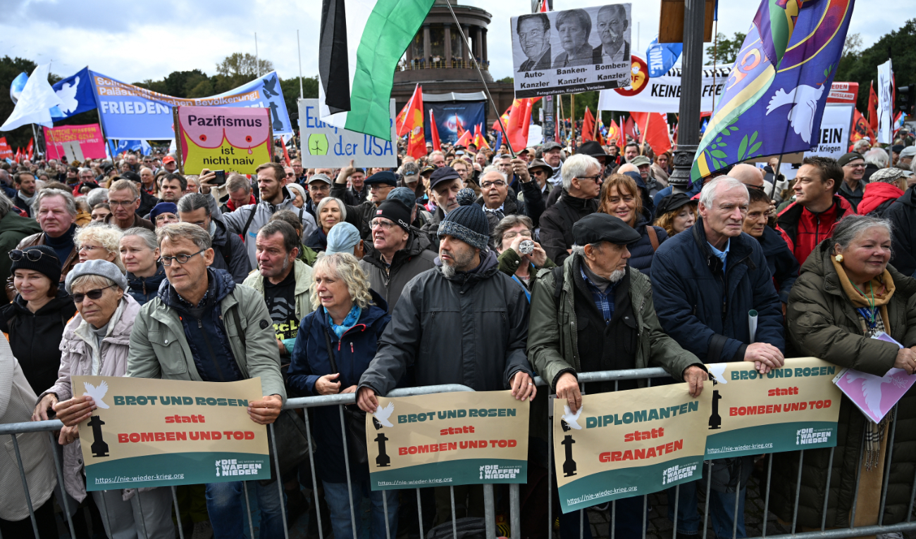Protesters take part in an anti-war demonstration in Berlin on October 3, 2024. (AFP)