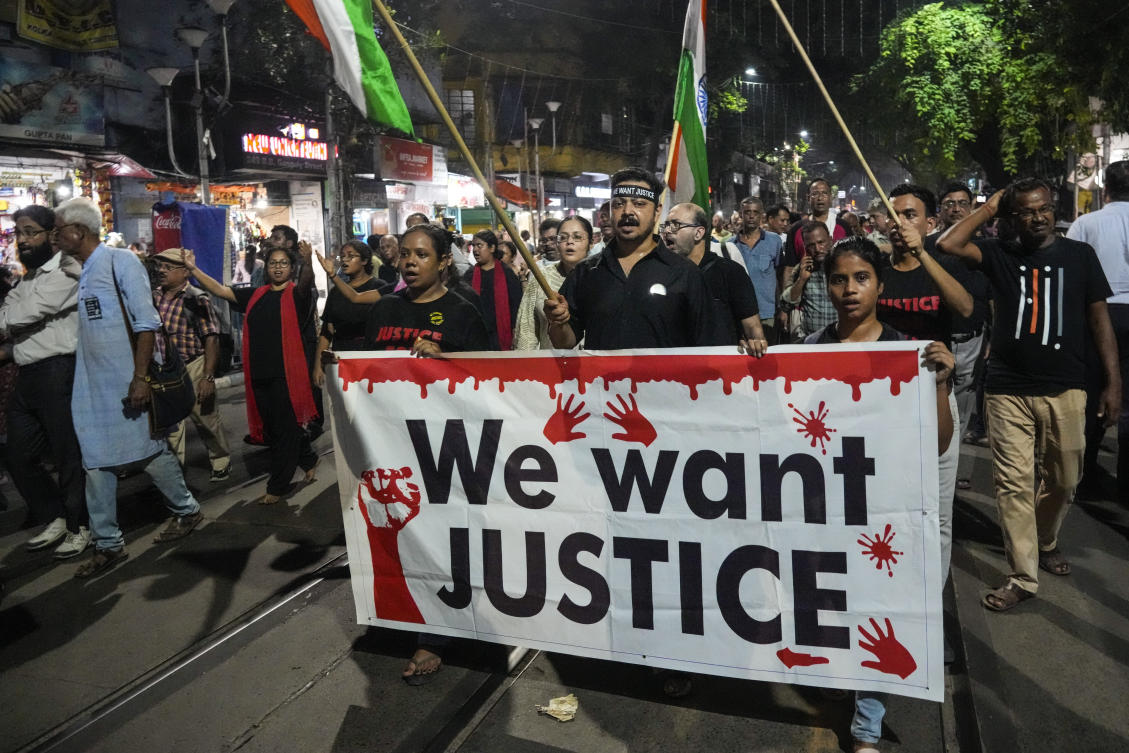Six percent of Indian married women aged 18-49 have reported spousal sexual violence, according to the government’s survey. Above, a protest against the rape and murder of a medical practitioner in Kolkata. (AP)