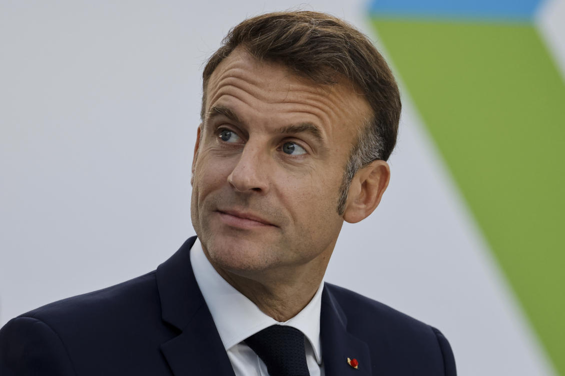 French president Emmanuel Macron attends the first working session of the 19th Francophonie Summit, at the Grand Palais in Paris, Oct. 5, 2024. (AP)