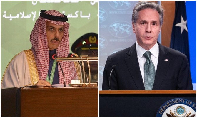 Saudi foreign minister Prince Faisal bin Farhan spoke on the phone with US Secretary of State Antony Blinken on Saturday. (AFP/AP/File Photos)