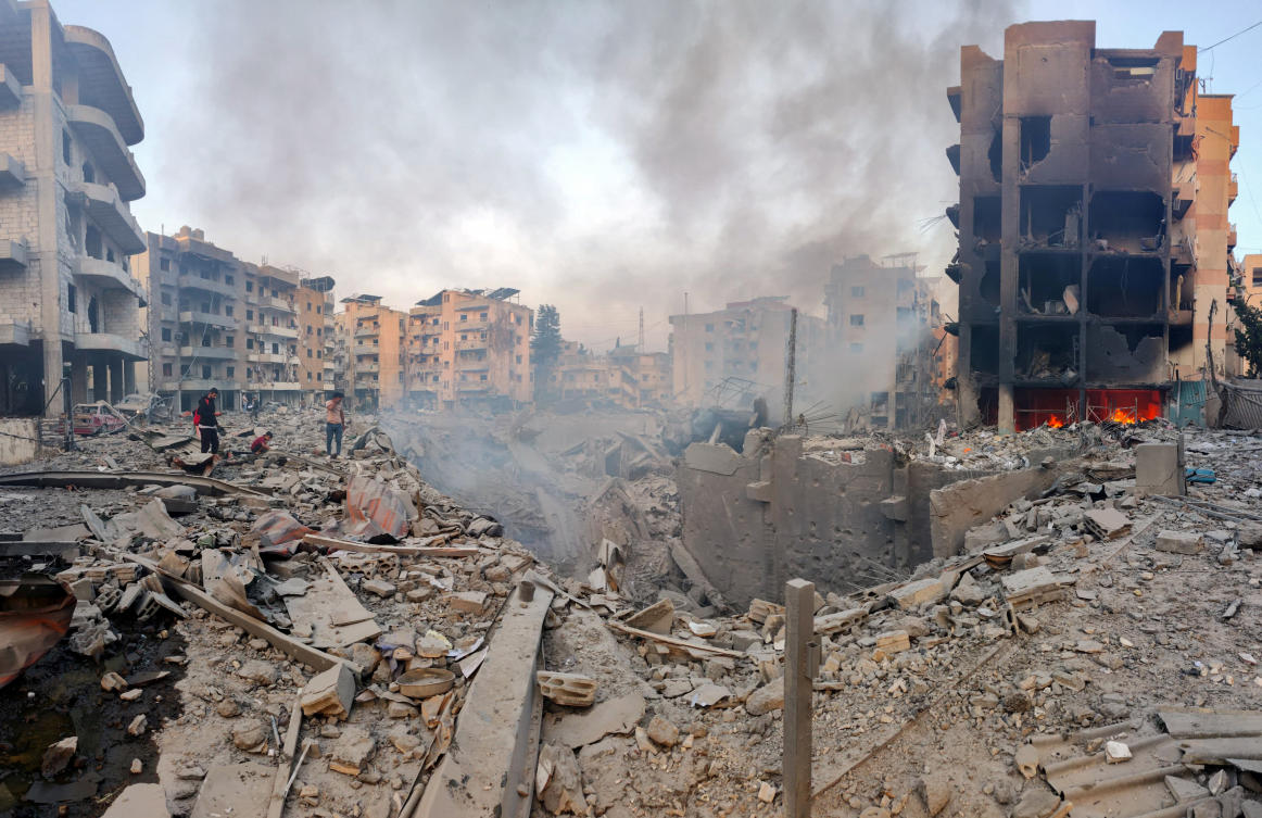 People inspect the damage, in the aftermath of Israeli strikes in Choueifat, amid the ongoing hostilities between Hezbollah and Israeli forces, Lebanon, October 6, 2024. (Reuters)