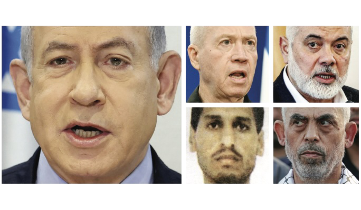 Left to right: Israeli Prime Minister Benjamin Netanyahu, Israel’s Defense Minister Yoav Gallant, late chairman of the Hamas Political Bureau Ismail Haniyeh, alleged Hamas military leader Mohammed Deif, and Hamas’ political leader in the Gaza Strip Yahya Sinwar. (AFP)