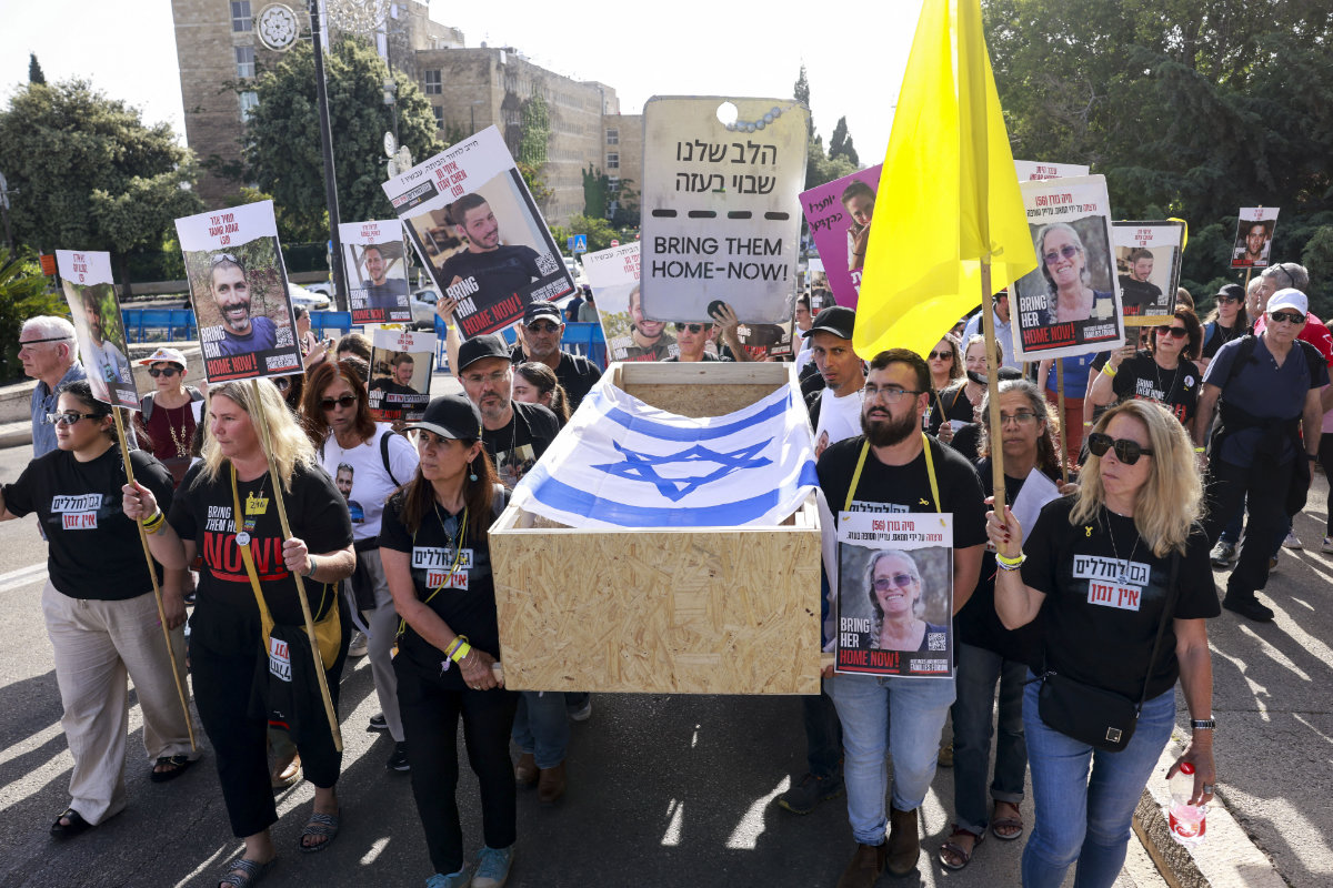 People demonstrate in Bordeaux, France, on October 6, 2024, in solidarity with relatives of hostages seized by Hamas militants on Oct. 7 last year and who remain in captivity. (AFP)