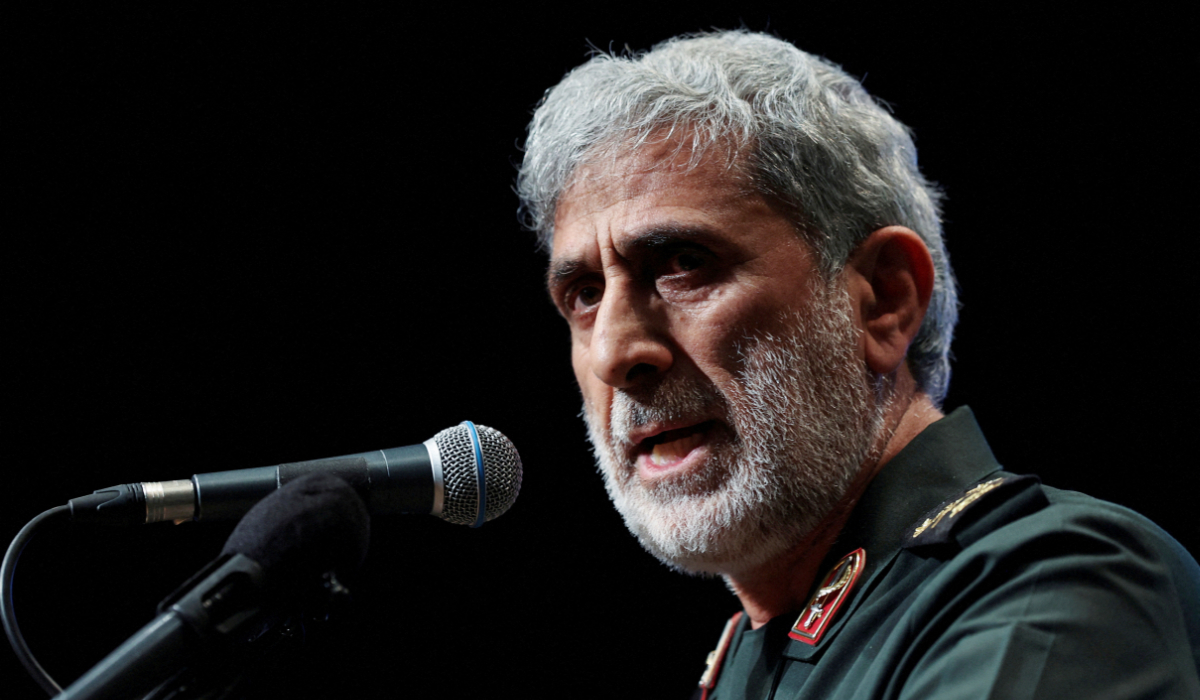 Brigadier General Esmail Qaani, the head of the Revolutionary Guards' Quds Force, speaks during a ceremony marking the anniversary of the death of senior Iranian military commander Mohammad Hejazi, in Tehran, Iran April 14, 2022. (REUTERS)