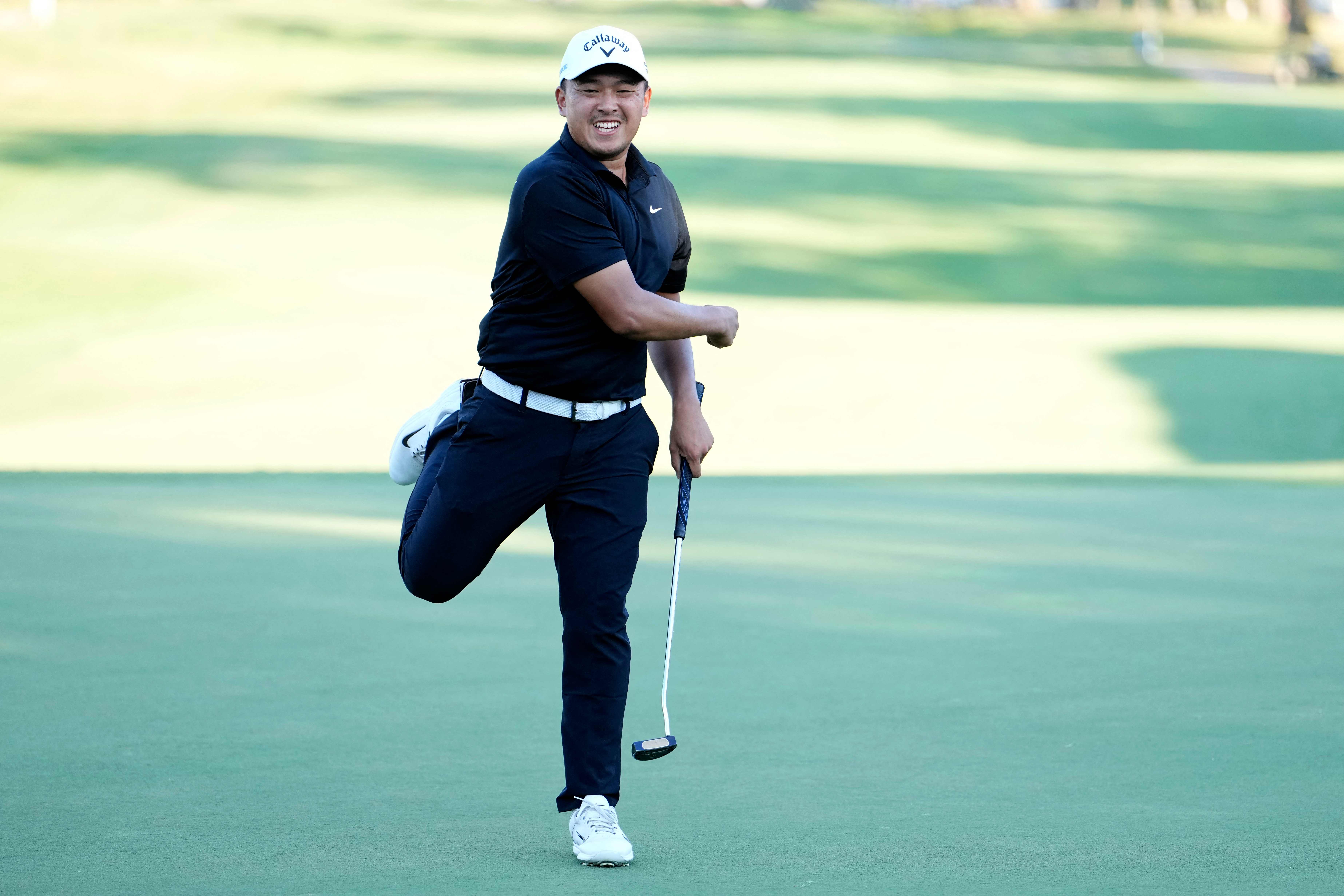 Kevin Yu of Taiwan reacts to his birdie putt on the 18th green during the final round of the Sanderson Farms Championship 2024 at the Country Club of Jackson in Mississippi. (GETTY IMAGES NORTH AMERICA / AFP)