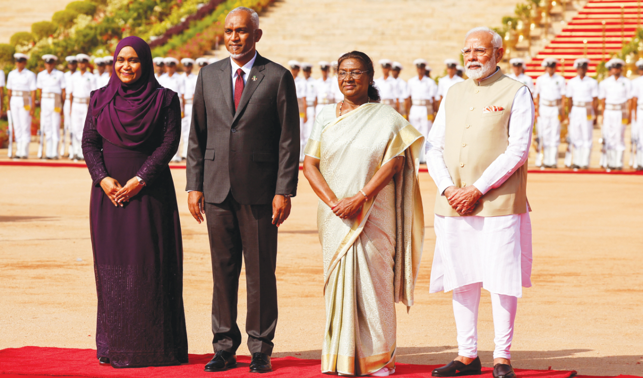 Maldives’ President Mohamed Muizzu with first lady of Maldives Sajidha Mohamed, his Indian counterpart Droupadi Murmu and PM Narendra Modi at India’s presidential palace Rashtrapati Bhavan in New Delhi on Monday. (Reuters)