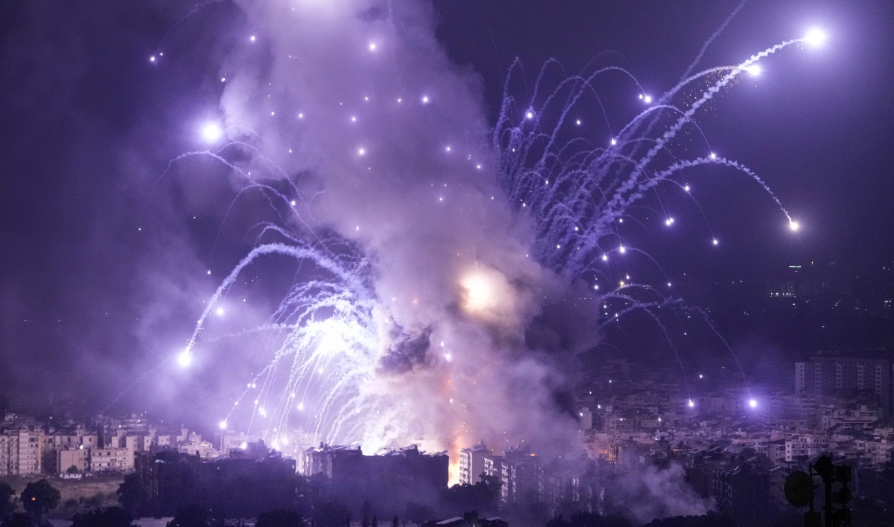 Flames and smoke rise from an Israeli airstrike in Dahiyeh, Beirut, Lebanon, Monday, Oct. 7, 2024. (AP)