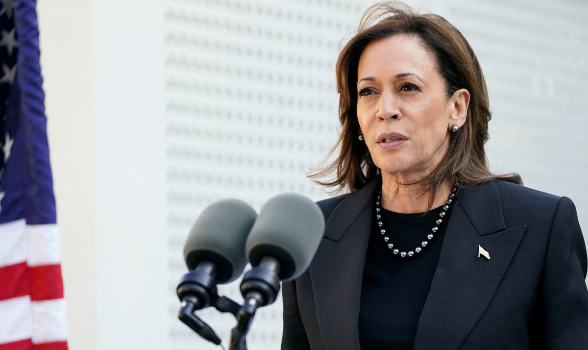 Democratic presidential nominee and US Vice President Kamala Harris speaks to mark the one year anniversary of the Oct. 7 Hamas attacks on Israel, at the US Vice President's residence at the US Naval Observatory in Washington, US, October 7, 2024. (Reuters)