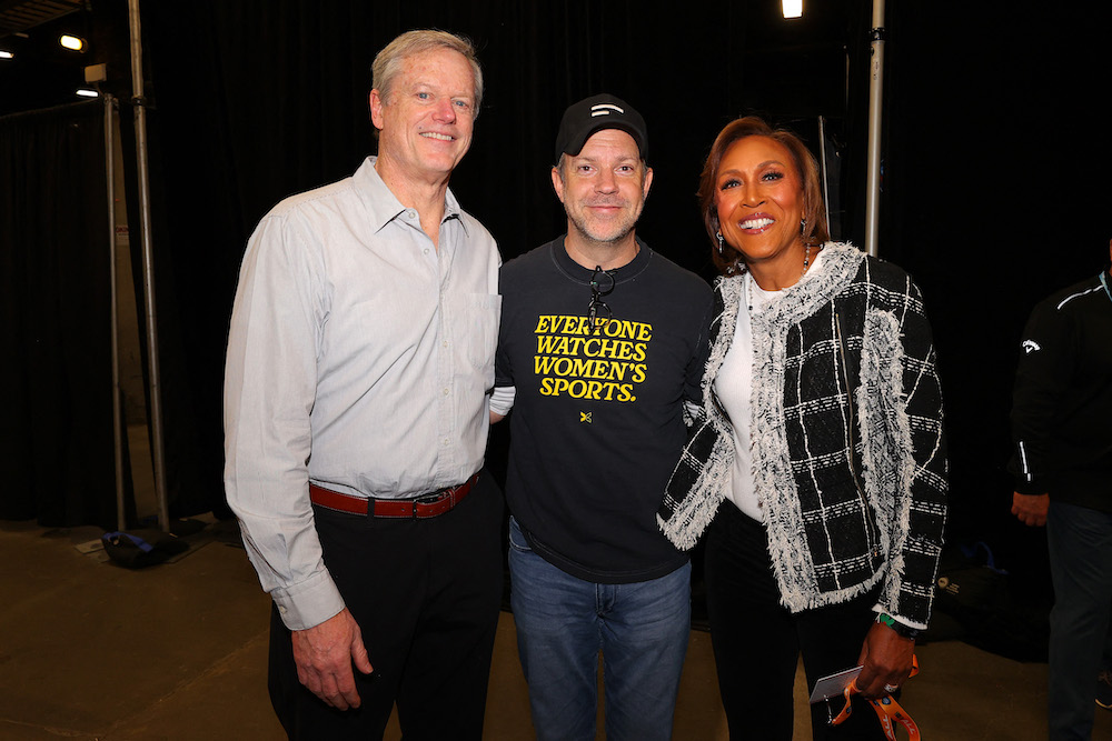 NCAA President Charlie Baker, Jason Sudeikis and Robin Roberts attend the 2024 NCAA Women’s Basketball Tournament national championship between the Iowa Hawkeyes and South Carolina Gamecocks at Rocket Mortgage FieldHouse on April 07, 2024 in Cleveland, Ohio. (File/Getty Images/AFP)