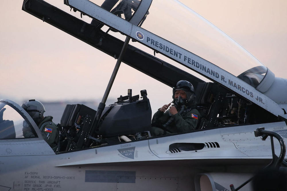 Philippine President Ferdinand Marcos Jr. inside a FA-50PH fighter jet during a capability demonstration flight at Clark Airbase in Pampanga on Mar. 7, 2023 (Presidential Office via AFP)