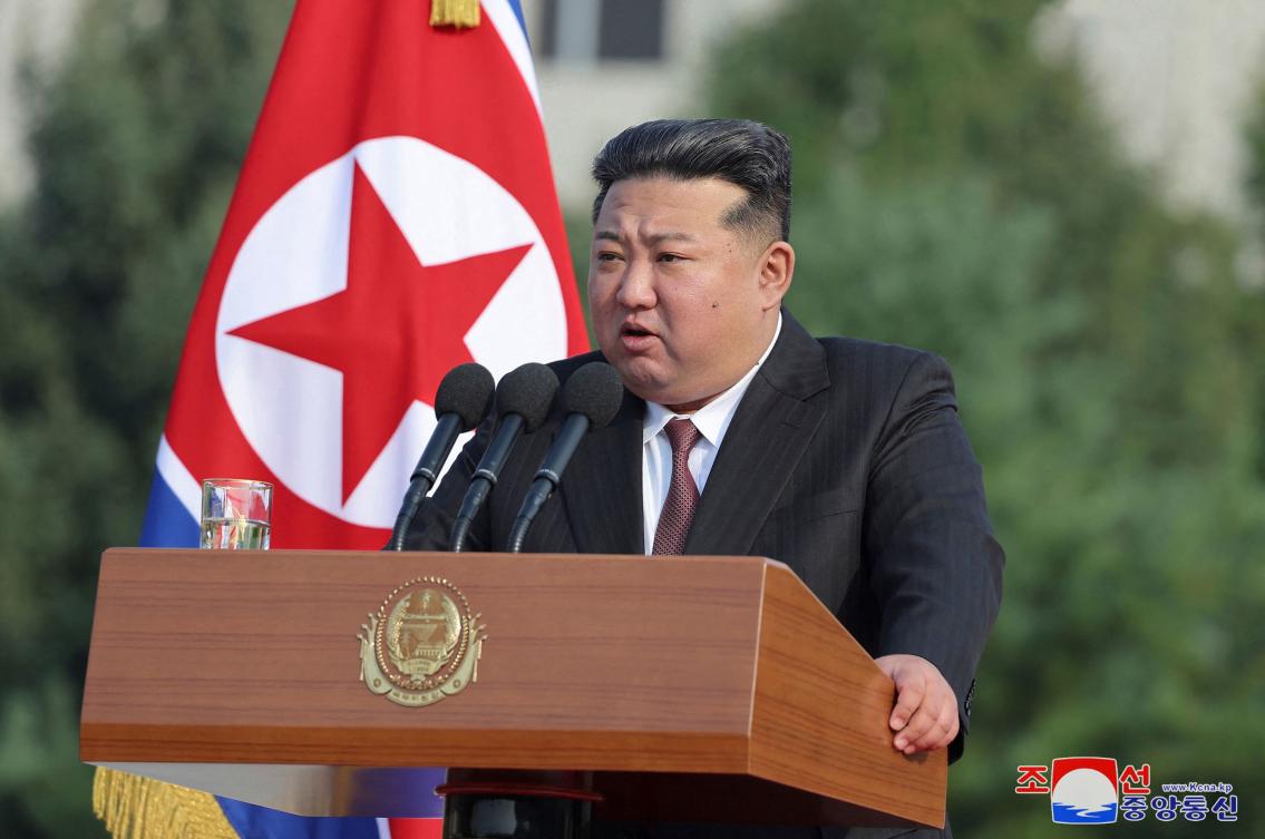 North Korean leader Kim Jong Un said that ‘if the enemies try to use force against our country, the Republic’s military will use all offensive power without hesitation.’ (KCNA via KNS/AFP)