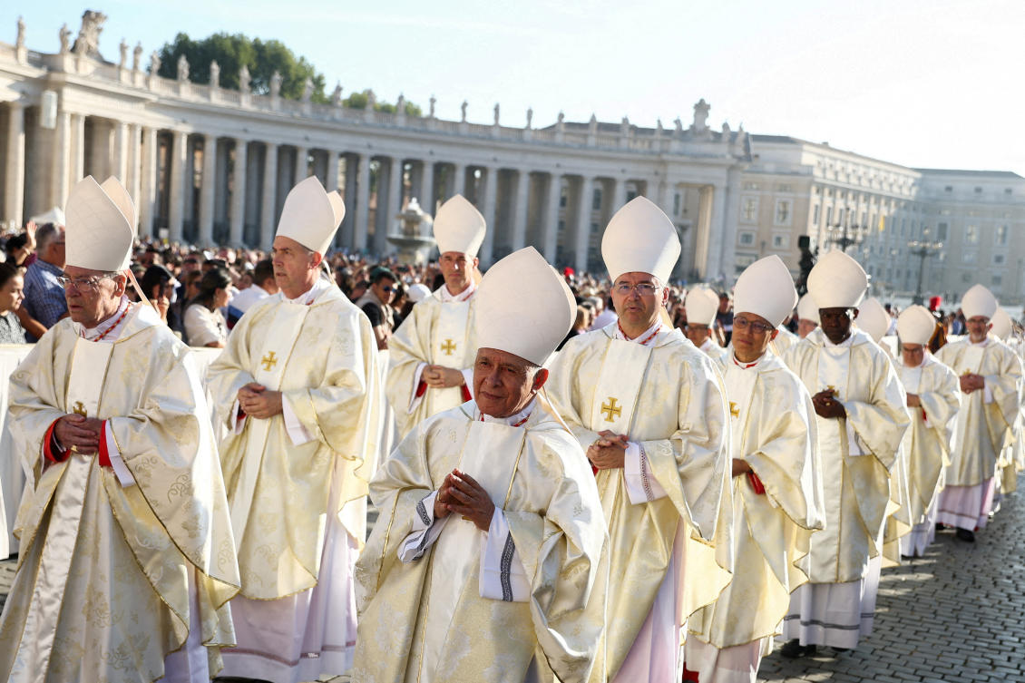 Newly elevated cardinals arrive at the mass to open the Synod of Bishops in St. Peter’s Square at the Vatican on Oct. 4, 2023. Some two dozen cardinals have been the first ever chosen from their home countries. (Reuters)