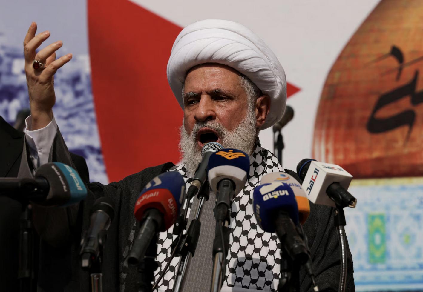 Lebanon's Hezbollah deputy leader Sheikh Naim Qassem speaks during a rally supporting Palestinians in Gaza, amid the ongoing conflict between Israel and the Palestinian Islamist group Hamas, in Beirut, Lebanon. (File/Reuters)