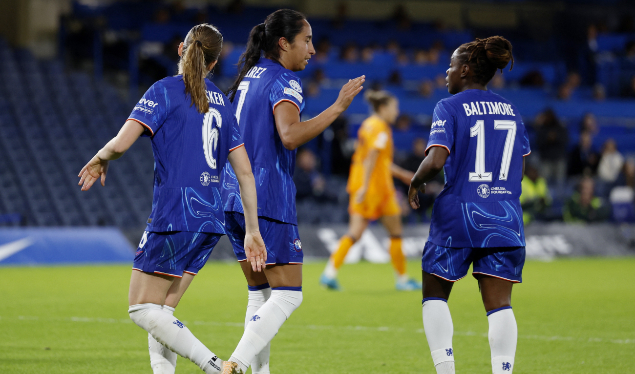 Chelsea's Mayra Ramirez celebrates scoring their third goal with teammates. (Reuters)