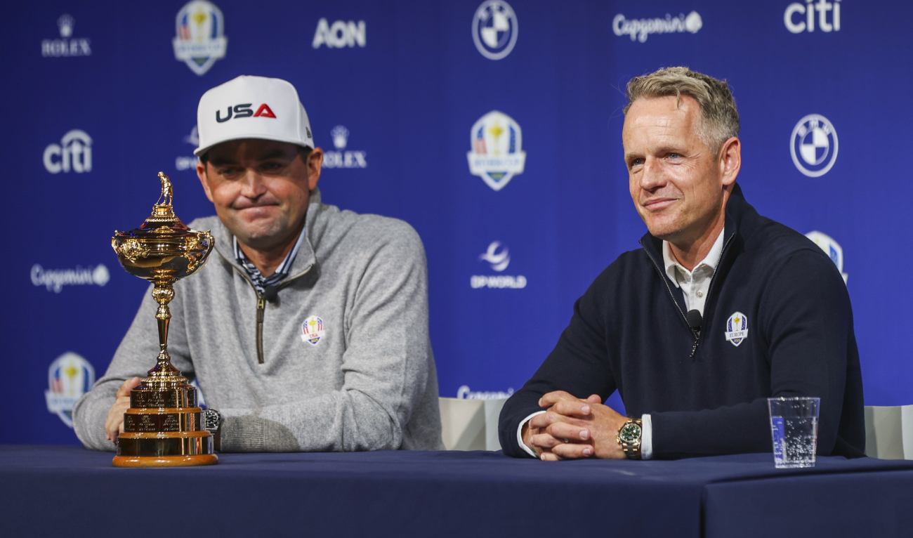 US Ryder Cup golf team captain Keegan Bradley, left, and Team Europe captain Luke Donald during a captains press conference in New York Tuesday. (AP)