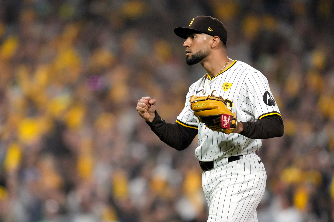 San Diego Padres pitcher Robert Suarez reacts after recording the last out of the game in a win over the Los Angeles Dodgers in Game 3 of a baseball NL Division Series Tuesday in San Diego. (AP)