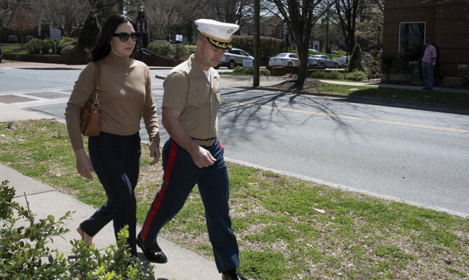 Marine Maj. Joshua Mast and his wife, Stephanie, arrive at Circuit Court for a hearing in an ongoing custody battle over an Afghan orphan, March 30, 2023, in Charlottesville, Va. (AP/File)