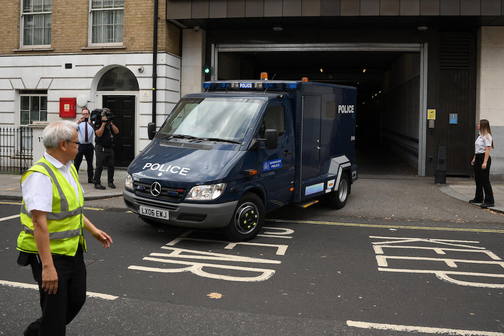 Above, a police van believed to be transporting former soldier Daniel Khalife leaves Westminster Magistrates Court in London on Sept. 11, 2023. (AFP file photo)