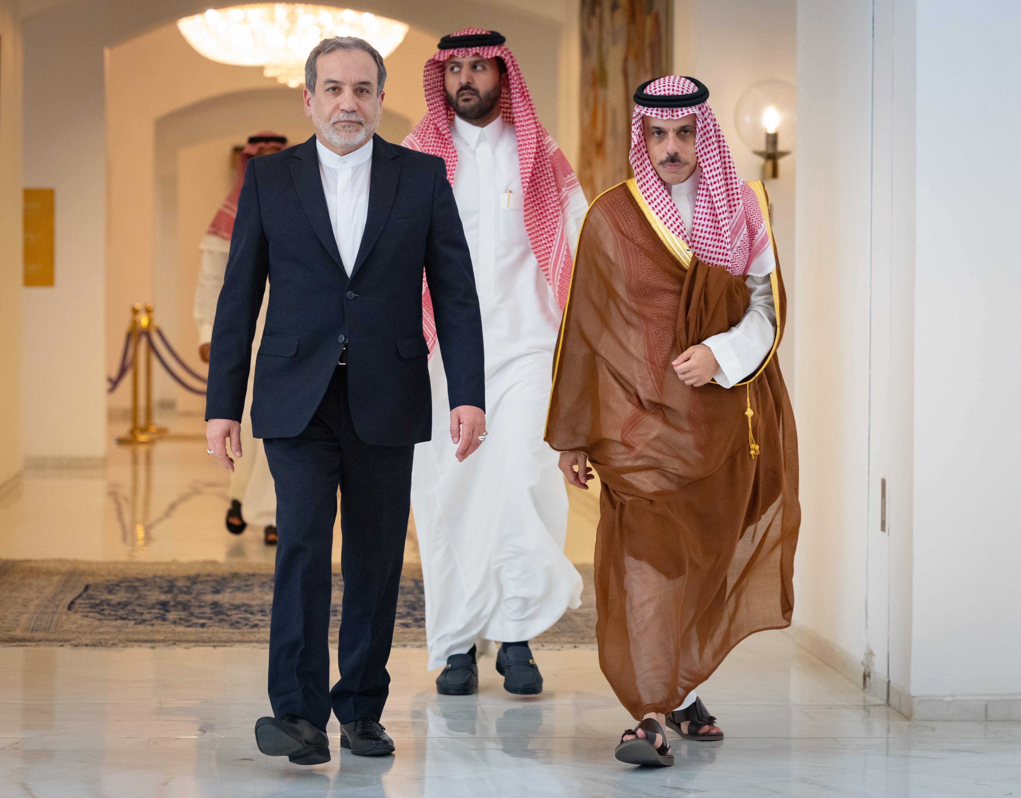 Saudi Arabia’s Foreign Minister Prince Faisal bin Farhan receives his Iranian counterpart Abbas Araghchi in Riyadh on Wednesday. (SPA)