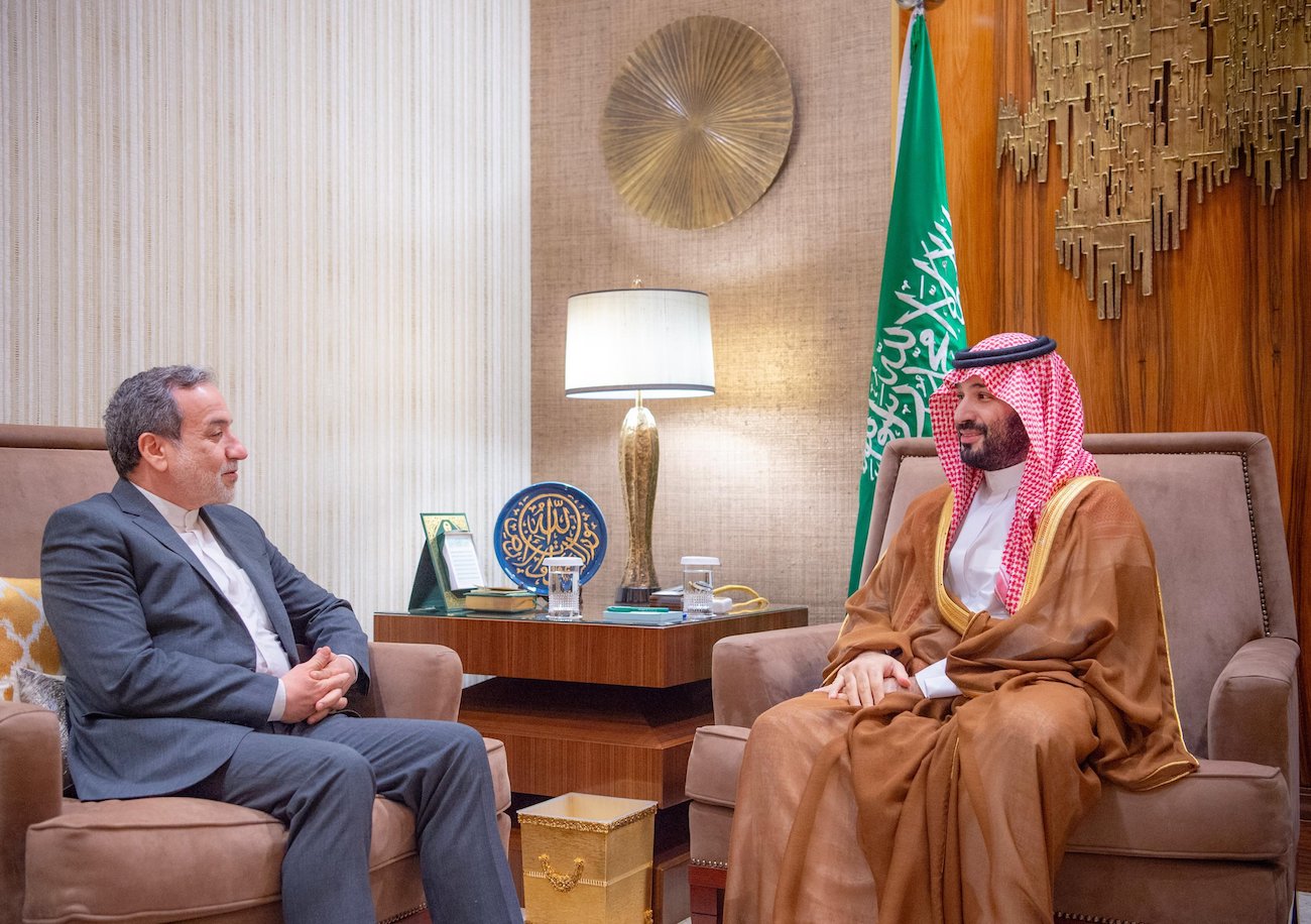 Saudi Crown Prince Mohammed bin Salman receives the Iranian Foreign Minister Abbas Araghchi in Riyadh on Wednesday. (SPA)