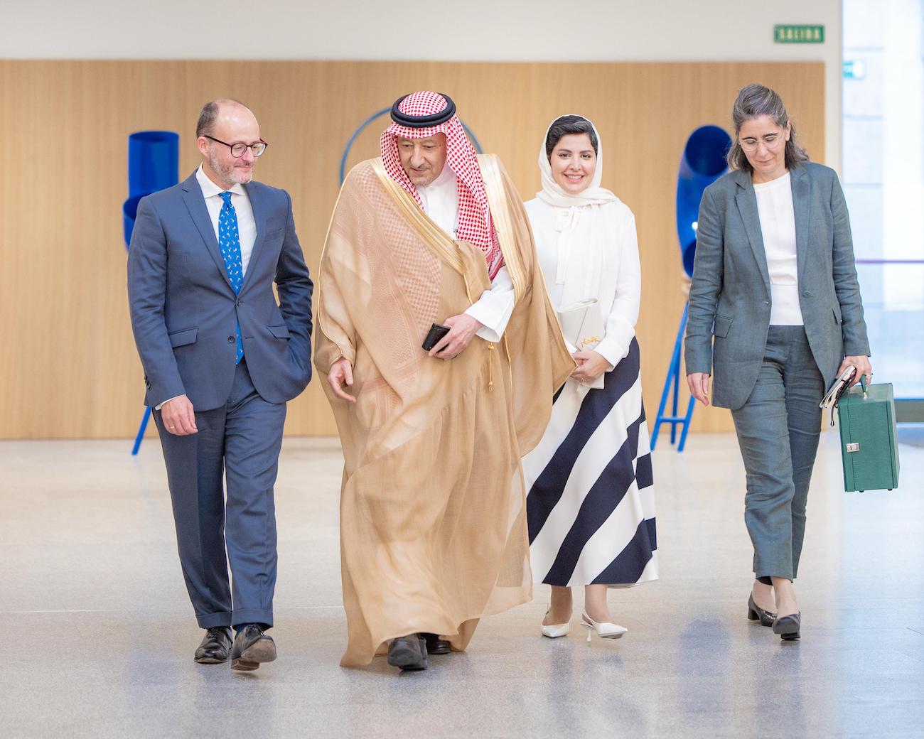 (L-R) Spanish State Secretary for Foreign and Global Affairs Diego Martinez Belio, Saudi Deputy Foreign Minister Waleed Al-Khuraiji, and Kingdom’s ambassador to Spain Princess Haifa bint Abdulaziz Al-Muqrin. (SPA)