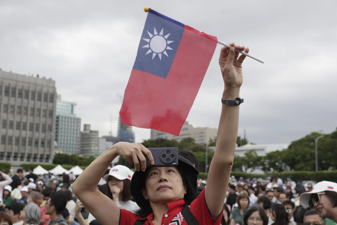 Taiwan’s National Day commemorations included military displays, but no heavy military equipment as seen in years past. (AP)