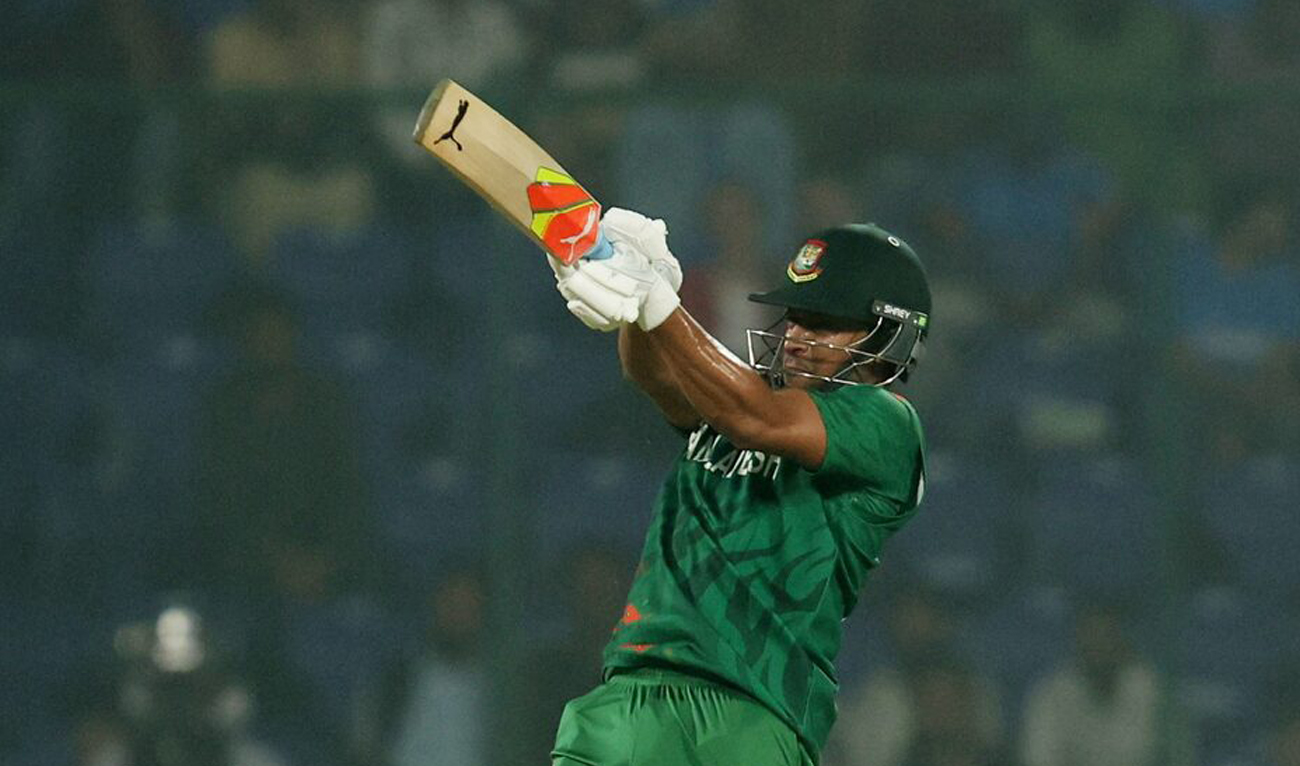 Bangladesh’s Shakib Al Hasan in action as he hits six runs during ICC Cricket World Cup 2023 match against Sri Lanka at the Arun Jaitley Stadium in New Delhi on November 6, 2023. (REUTERS/File)