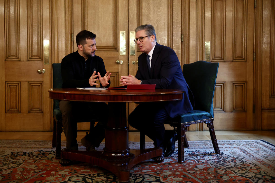 Britain’s Prime Minister Keir Starmer and Ukraine’s President Volodymyr Zelensky speak during a bilateral meeting inside 10 Downing Street in London on Oct. 10, 2024. (Reuters)