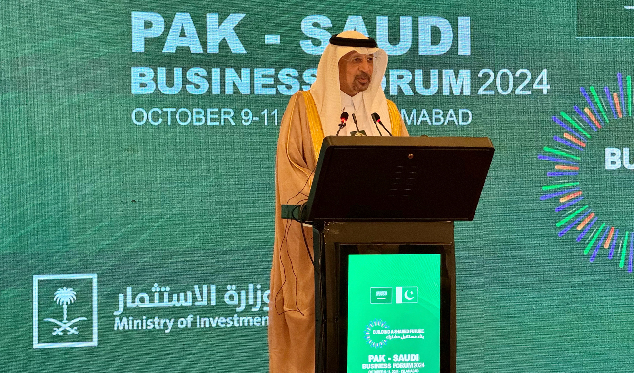 Saudi Arabia’s Investment Minister Khalid Al-Falih speaking at a joint business forum in Islamabad. AN photo
