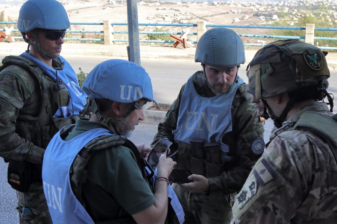 Spanish peacekeepers of the United Nations Interim Force in Lebanon (UNIFIL) coordinate their patrol with the Lebanese army, in Marjayoun in south Lebanon on Oct. 8, 2024. (AFP)