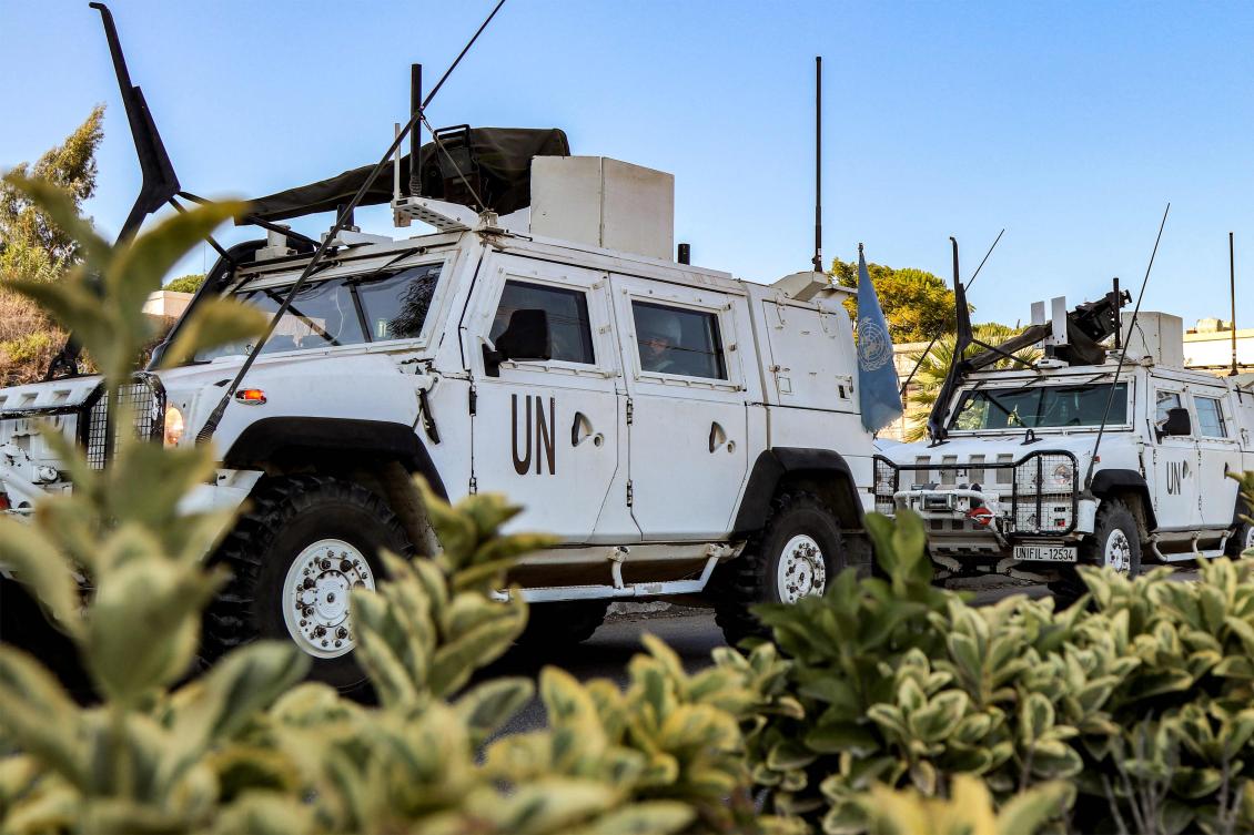 Armored vehicles of the United Nations Interim Force in Lebanon during a patrol around Marjayoun in south Lebanon on Oct. 8, 2024. (AFP)