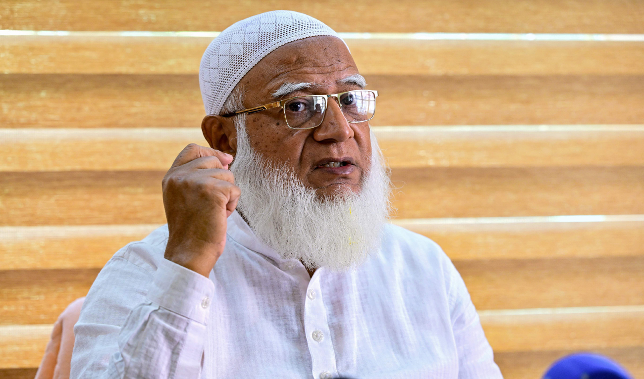 In this photograph taken on October 6, 2024, Shafiqur Rahman, a leader of Bangladesh’s Jamaat-e-Islami party, speaks during an interview with AFP at his office in Dhaka. (AFP)
