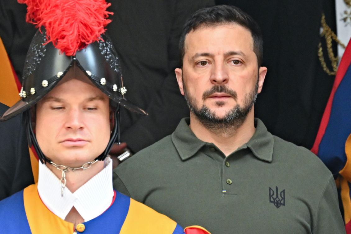 Ukraine’s President Volodymyr Zelensky (R) leaves San Damaso courtyard, after his meeting with Pope Francis, in The Vatican, on Oct. 11, 2024. (AFP)