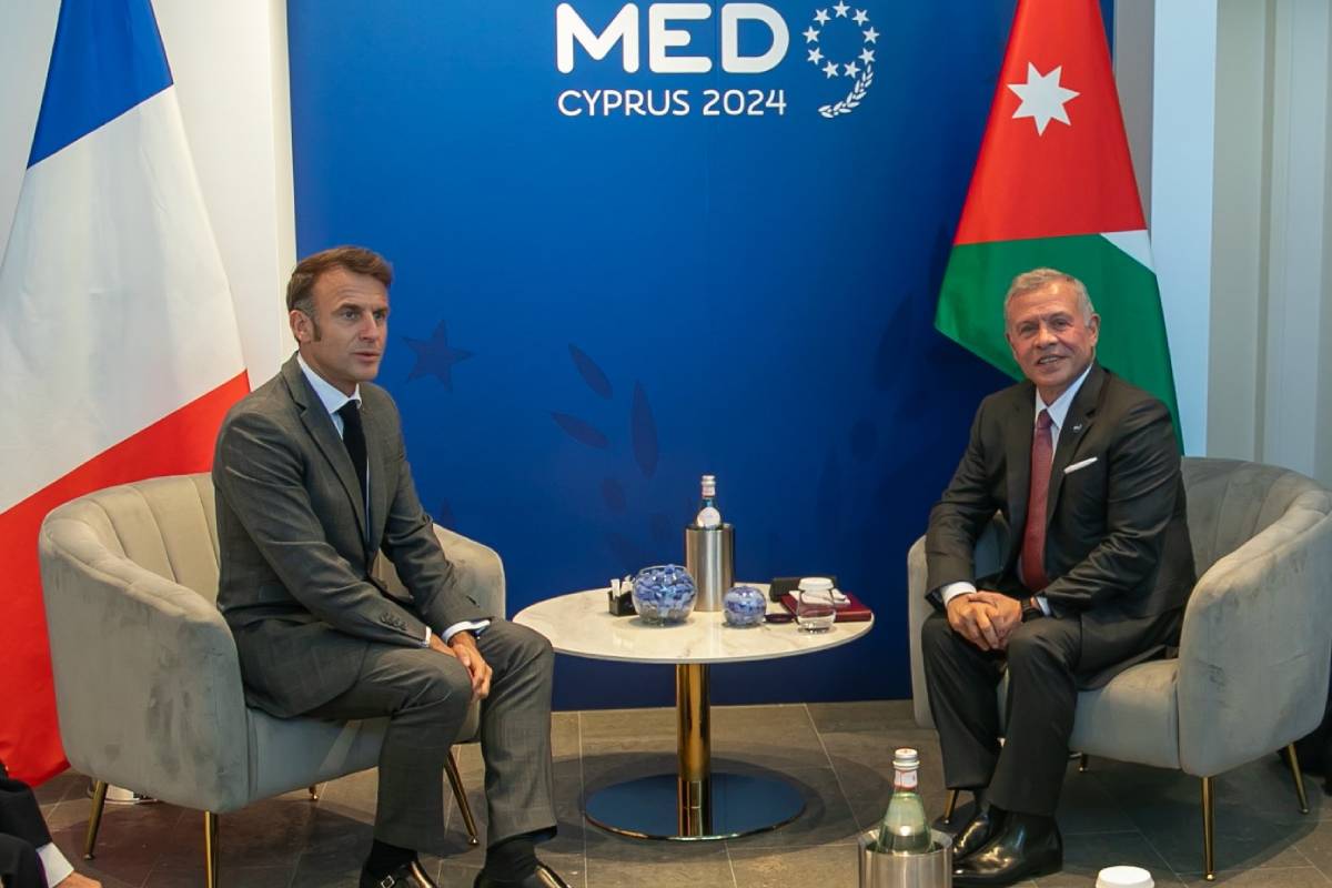 Jordan’s King Abdullah II held a series of high-level meetings on Friday with leaders from across Europe during the Southern EU Countries (MED9) Summit in Paphos in Cyprus, including French president Emmanuel Macron (pictured, left). (Jordan News Agency)