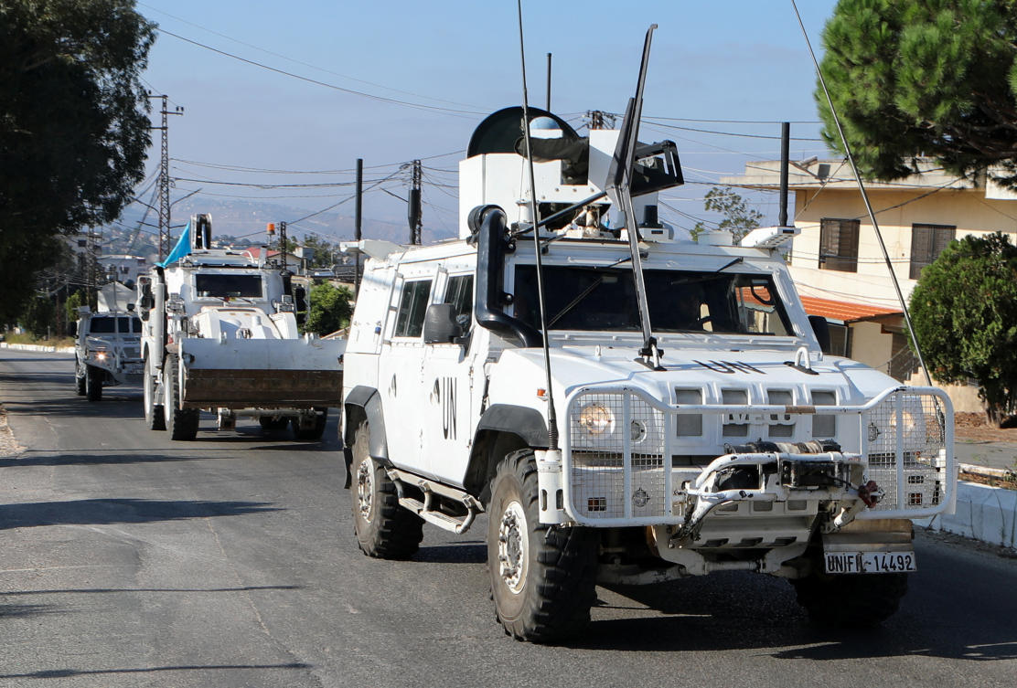 UN peacekeepers (UNIFIL) vehicles drive in Marjayoun, near the border with Israel, amid ongoing hostilities between Hezbollah and Israeli forces, southern Lebanon Oct. 11, 2024. (Reuters)