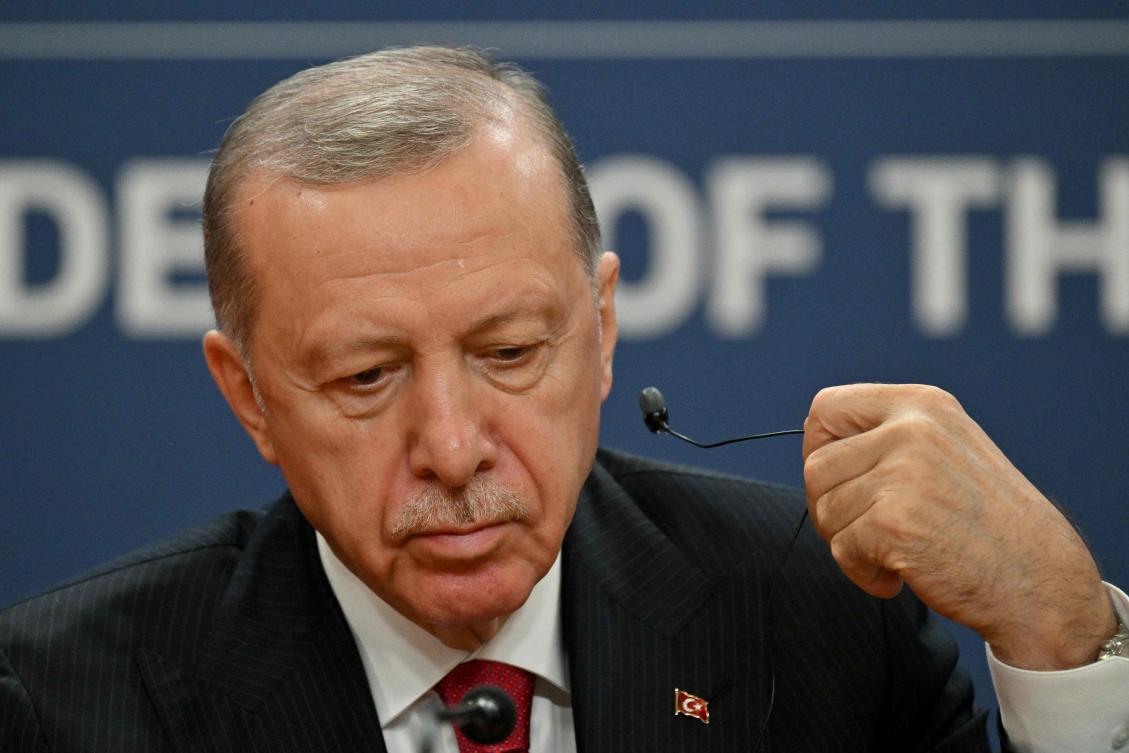 Turkish President Recep Tayyip Erdogan gestures during a joint press conference with his Serbian counterpart following their meeting in Belgrade on October 11, 2024.(AFP)