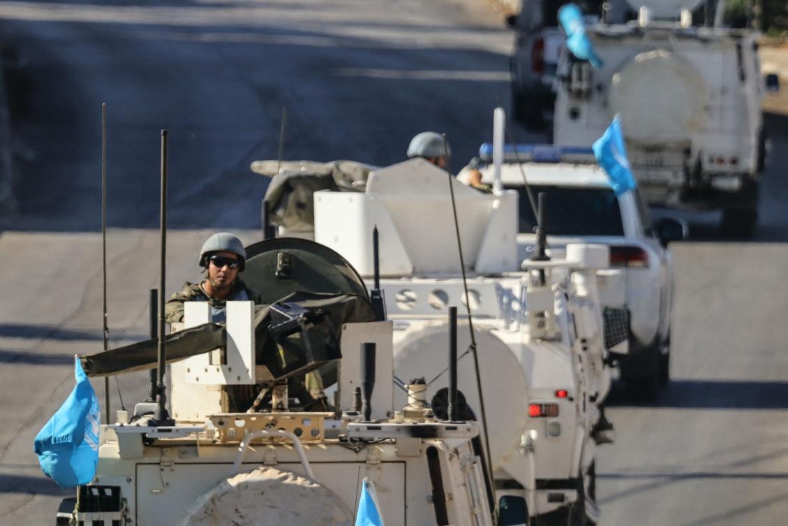 Vehicles from he United Nations Interim Force in Lebanon (UNIFIL) patrol in Marjayoun in southern Lebanon on Oct. 12, 2024. (AFP)