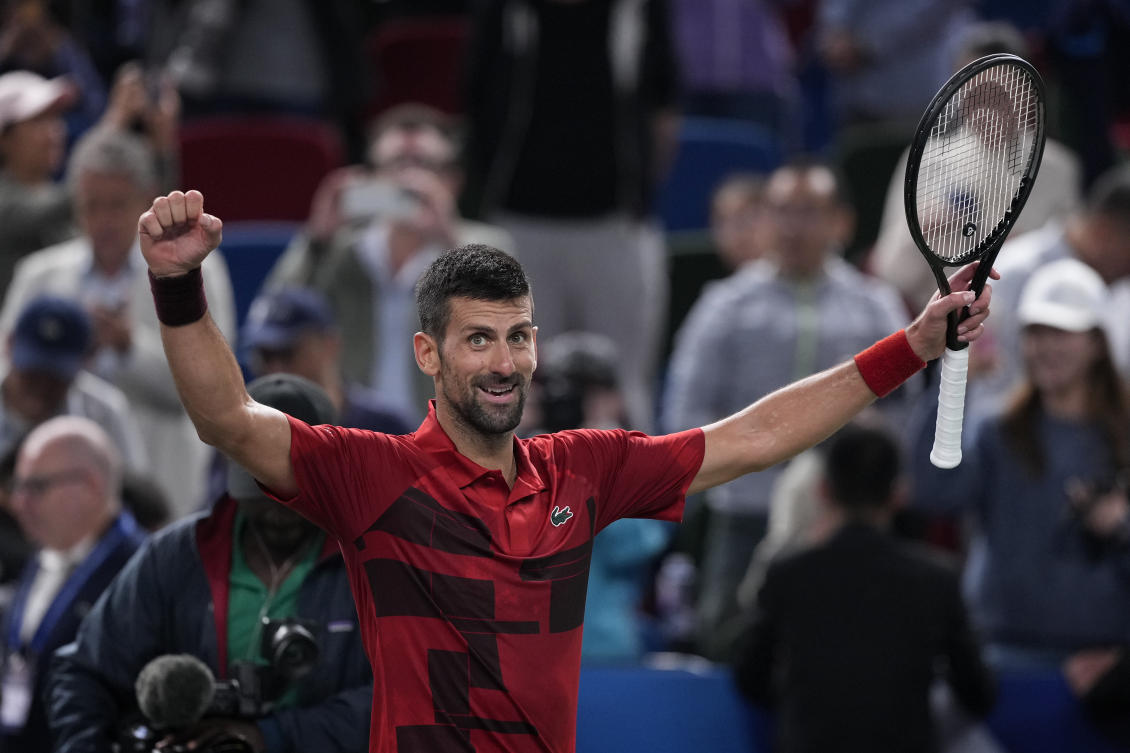 Novak Djokovic of Serbia celebrates after defeating Taylor Fritz of the United States in the men’s singles semifinals match of the Shanghai Masters tennis tournament at Qizhong Forest Sports City Tennis Center in Shanghai, on Oct. 12, 2024. (AP)