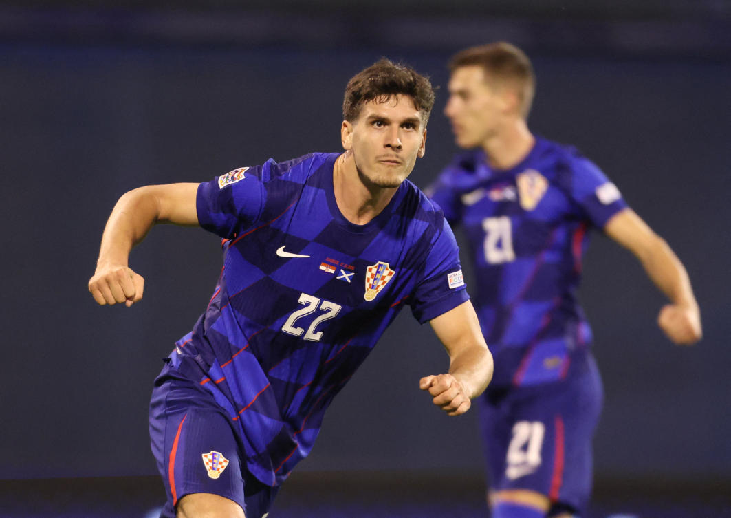 Croatia’s Igor Matanovic celebrates scoring their first goal during their UEFA Nations League — Group A1 — match against Scotland at Maksimir Stadium, Zagreb, on Oct. 12, 2024. (Reuters)