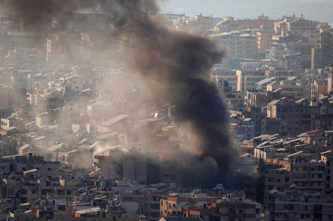 Smoke rises over Beirut’s southern suburbs from a generator that caught fire, according to residents, as seen from Baabda, Beirut, on Oct. 12, 2024. (Reuters)