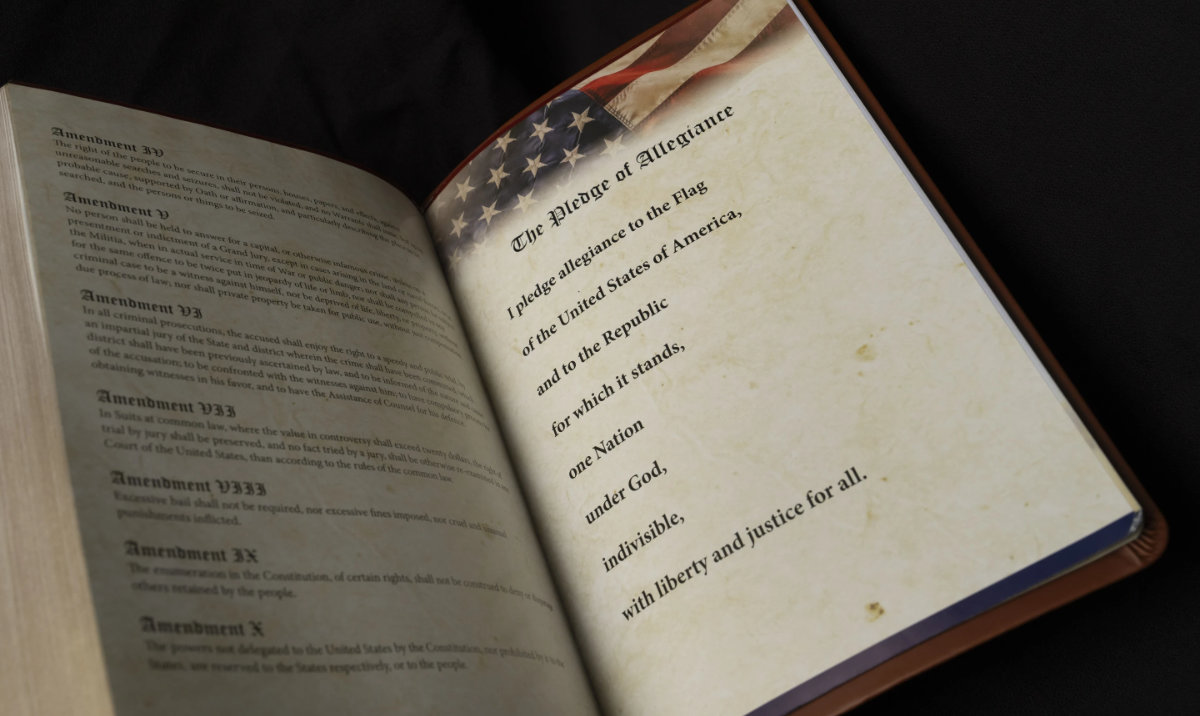 The Pledge of Allegiance is printed in Republican presidential nominee former President Donald Trump's “God Bless the USA” Bible in Washington, on Oct. 8, 2024. (AP)