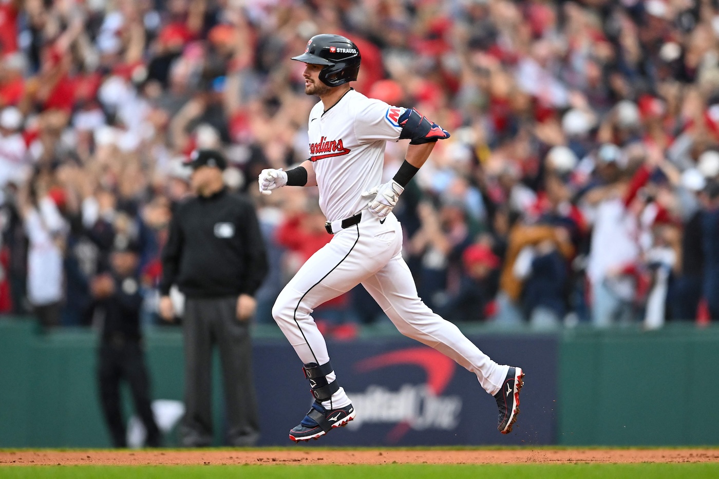 Lane Thomas of the Cleveland Guardians celebrates a grand slam during the fifth inning against the Detroit Tigers during Game 5 of the Division Series at Progressive Field on Oct. 12, 2024 in Cleveland, Ohio. (GETTY IMAGES NORTH AMERICA /AFP)
