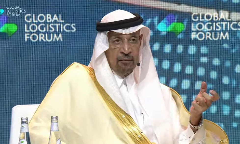 Saudi Investment Minister Khalid Al-Falih speaks at the Global Logistics Forum in Riyadh on Sunday.