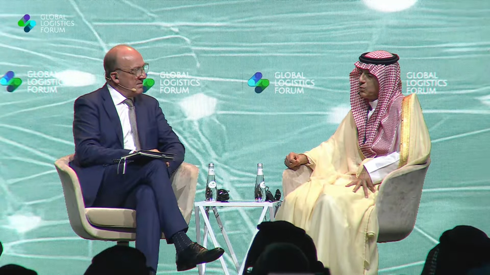 Saudi Minister of State for Foreign Affairs and Climate Envoy Adel Al-Jubeir speaks during a fireside chat at the Global Logistics Forum in Riyadh.
