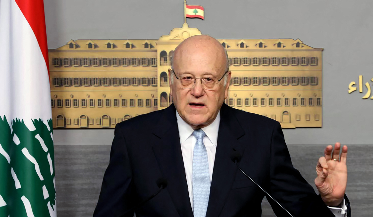 Lebanon's caretaker Prime Minister Najib Mikati delivering a statement to the press in Beirut on October 11, 2024. (AFP)