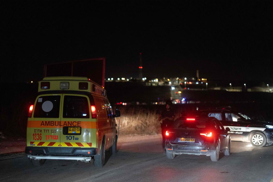 An ambulance arrives at the site of a drone strike near the northern Israeli town of Binyamina, on October 13, 2024. (AFP)