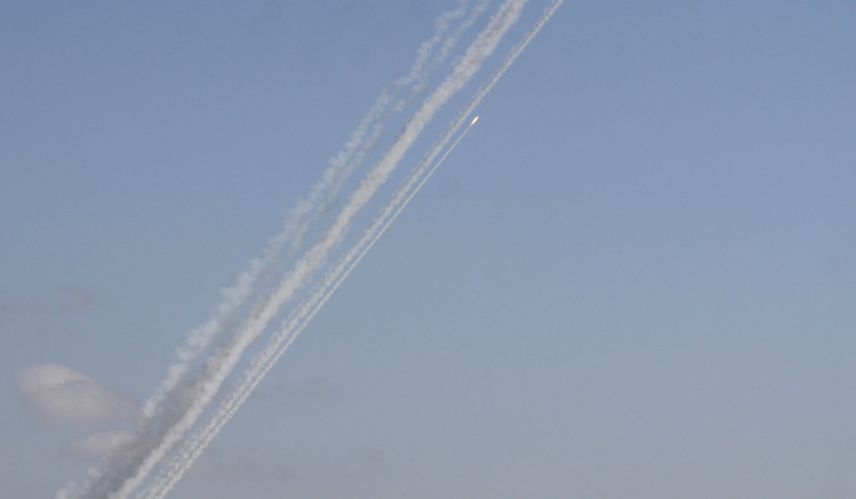 A photo taken from the southern Lebanese city of Tyre shows a series of rockets launched from Lebanon towards Israel on October 14, 2024, amid the continuing war between Hezbollah and Israel. (AFP)