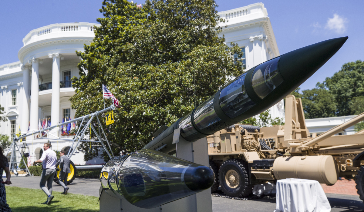 Terminal High Altitude Area Defense (THAAD) anti-ballistic missile defense system is displayed during a Made in America showcase on the South Lawn of the White House, July 15, 2019, in Washington. (AP)
